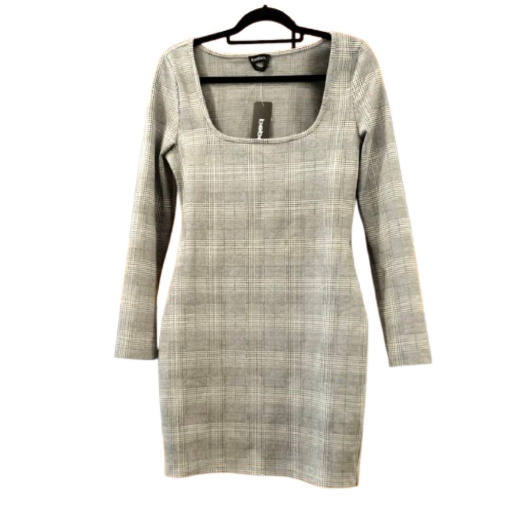 BEBE~Square Neck Jacquard Mini Dress Black/White Plaid~NWT Size Medium
